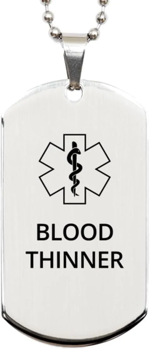 Medical Alert Silver Dog Tag, Blood Thinner Awareness, SOS Emergency Health Life Alert ID Engraved Stainless Steel Chain Necklace For Men Women Kids