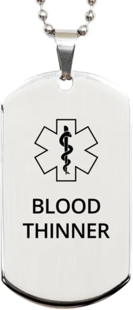 Medical Alert Silver Dog Tag, Blood Thinner Awareness, SOS Emergency Health Life Alert ID Engraved Stainless Steel Chain Necklace For Men Women Kids