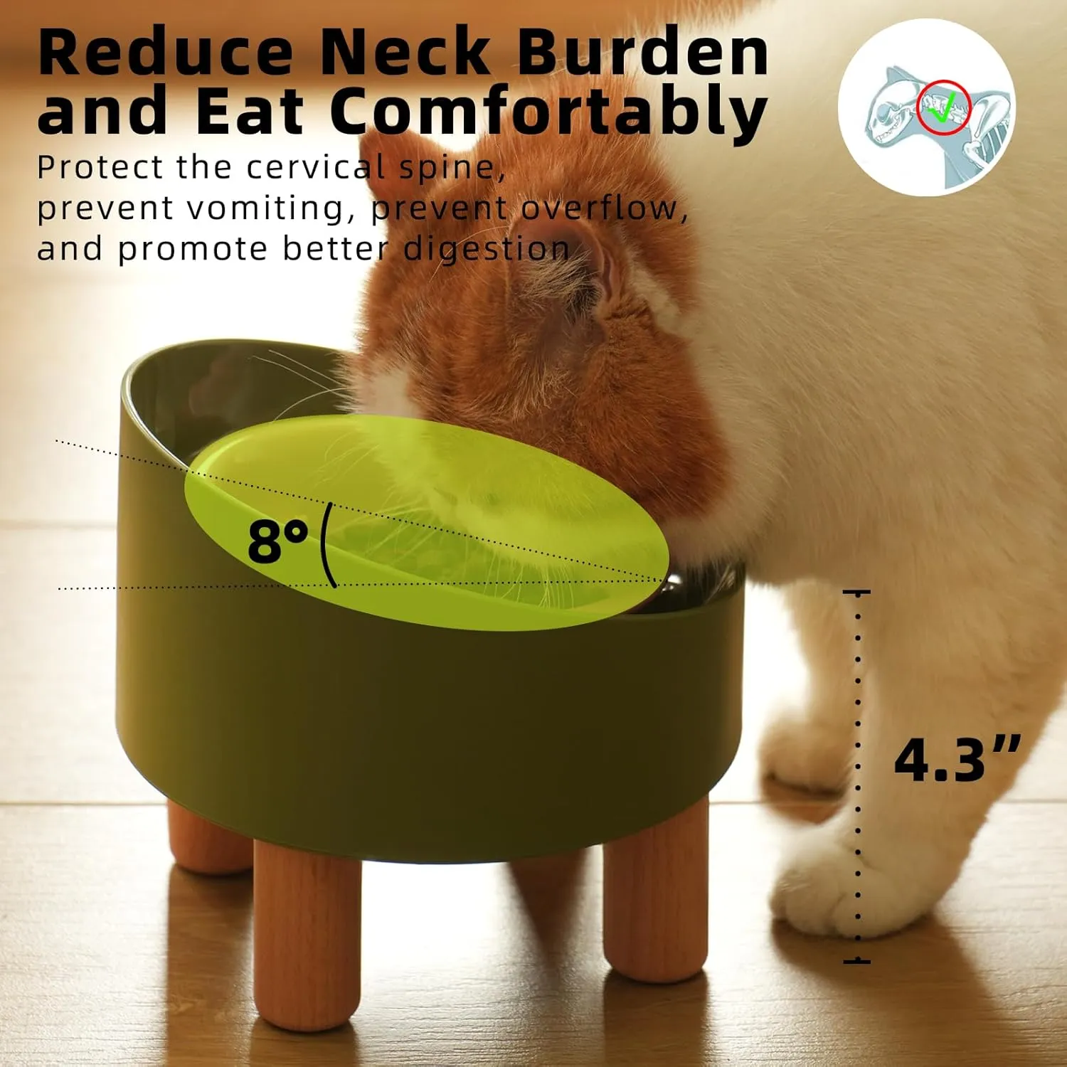 MS!MAKE SURE Ceramic Elevated Cat Bowls with Wooden Stand, Adjustable Raised Pet Bowls for Small Dogs & Cats, Anti - Slip Rubber Pad, Leak - Proof, Lead & Cadmium Free, Whisker - Friendly, Pink-Green