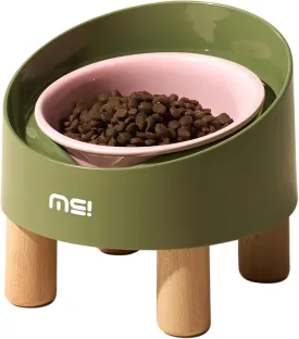 MS!MAKE SURE Ceramic Elevated Cat Bowls with Wooden Stand, Adjustable Raised Pet Bowls for Small Dogs & Cats, Anti - Slip Rubber Pad, Leak - Proof, Lead & Cadmium Free, Whisker - Friendly, Pink-Green