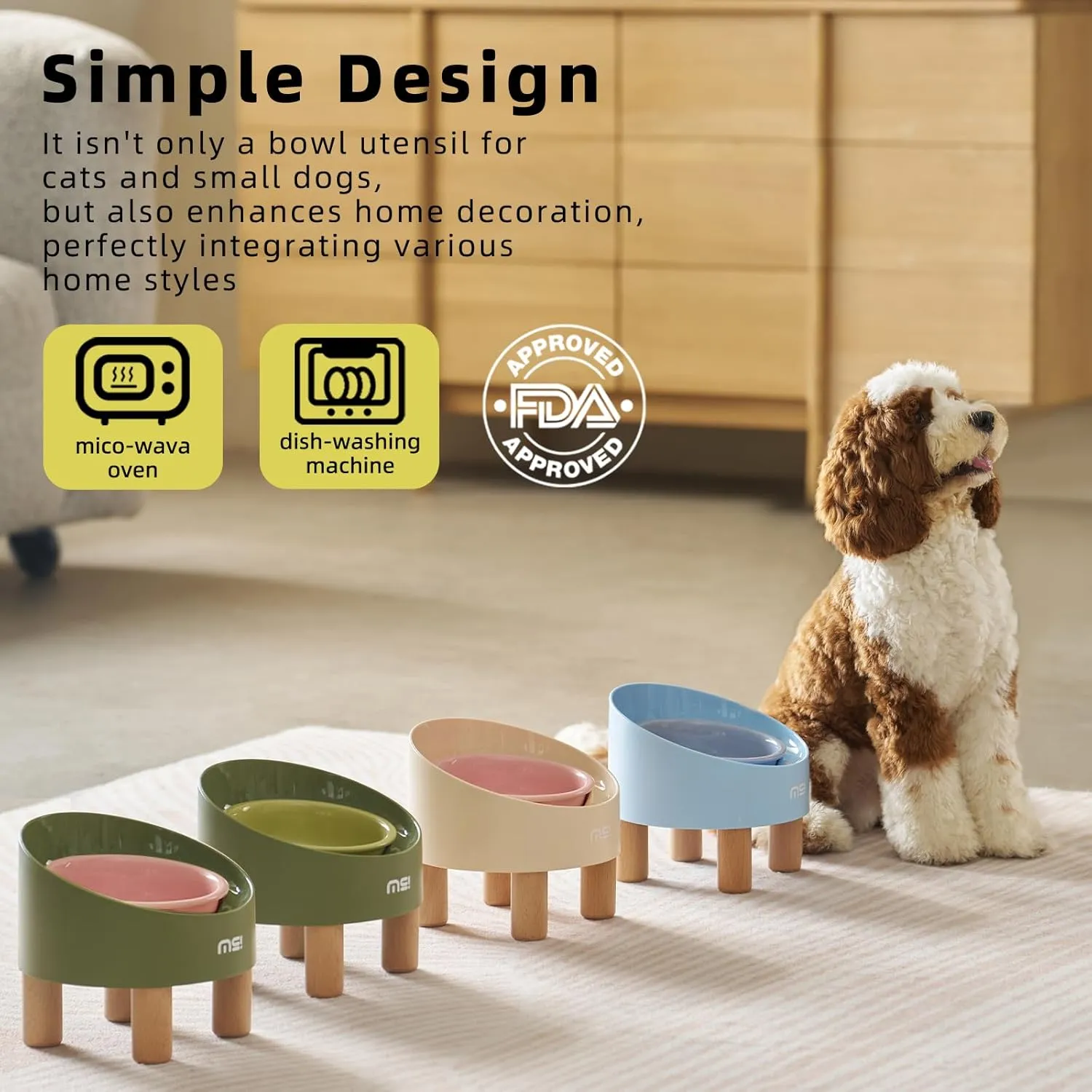 MS!MAKE SURE Ceramic Elevated Cat Bowls with Wooden Stand, Adjustable Raised Pet Bowls for Small Dogs & Cats, Anti - Slip Rubber Pad, Leak - Proof, Lead & Cadmium Free, Whisker - Friendly, Pink-Green