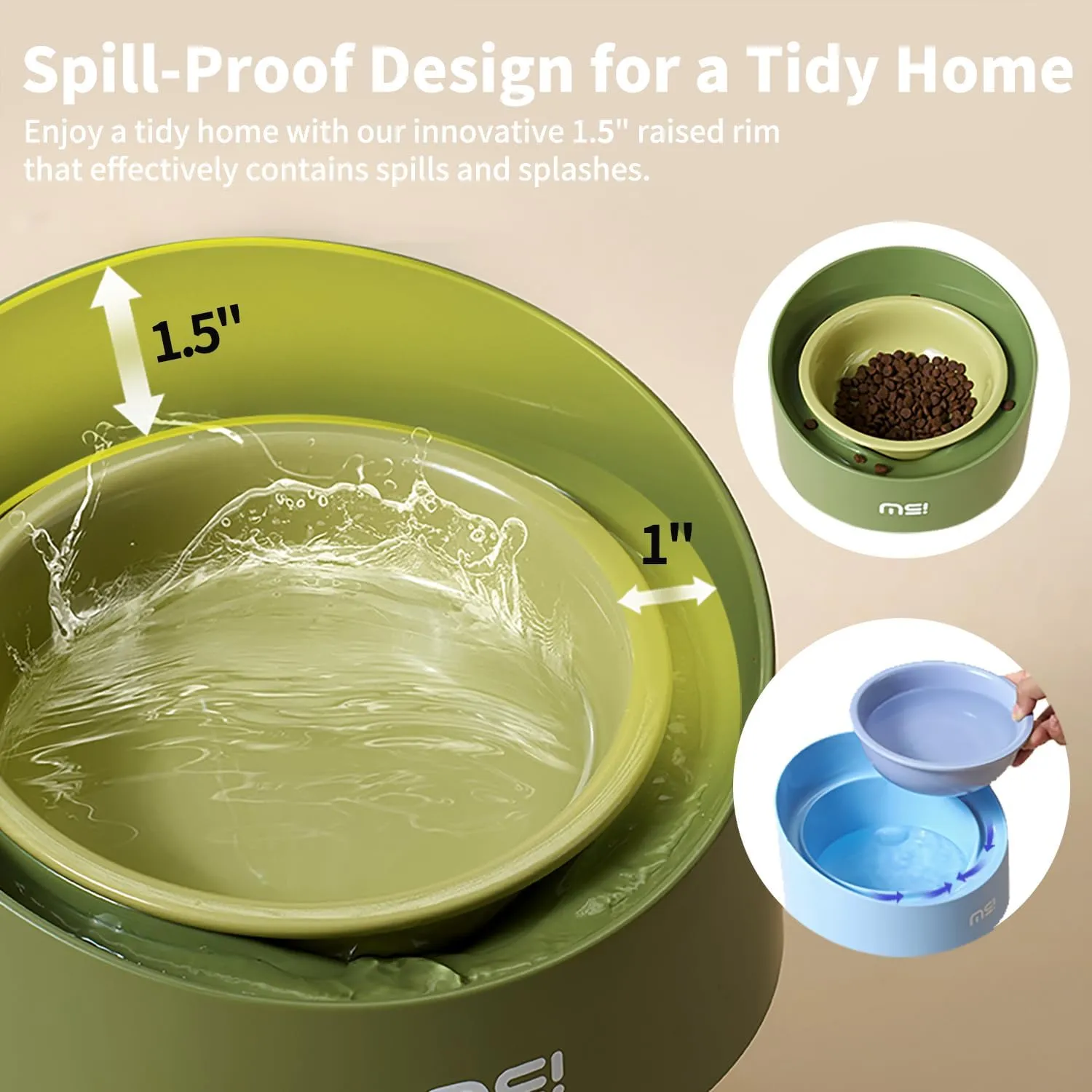 MS!MAKE SURE Ceramic Elevated Cat Bowls with Wooden Stand, Adjustable Raised Pet Bowls for Small Dogs & Cats, Anti - Slip Rubber Pad, Leak - Proof, Lead & Cadmium Free, Whisker - Friendly, Pink-Green