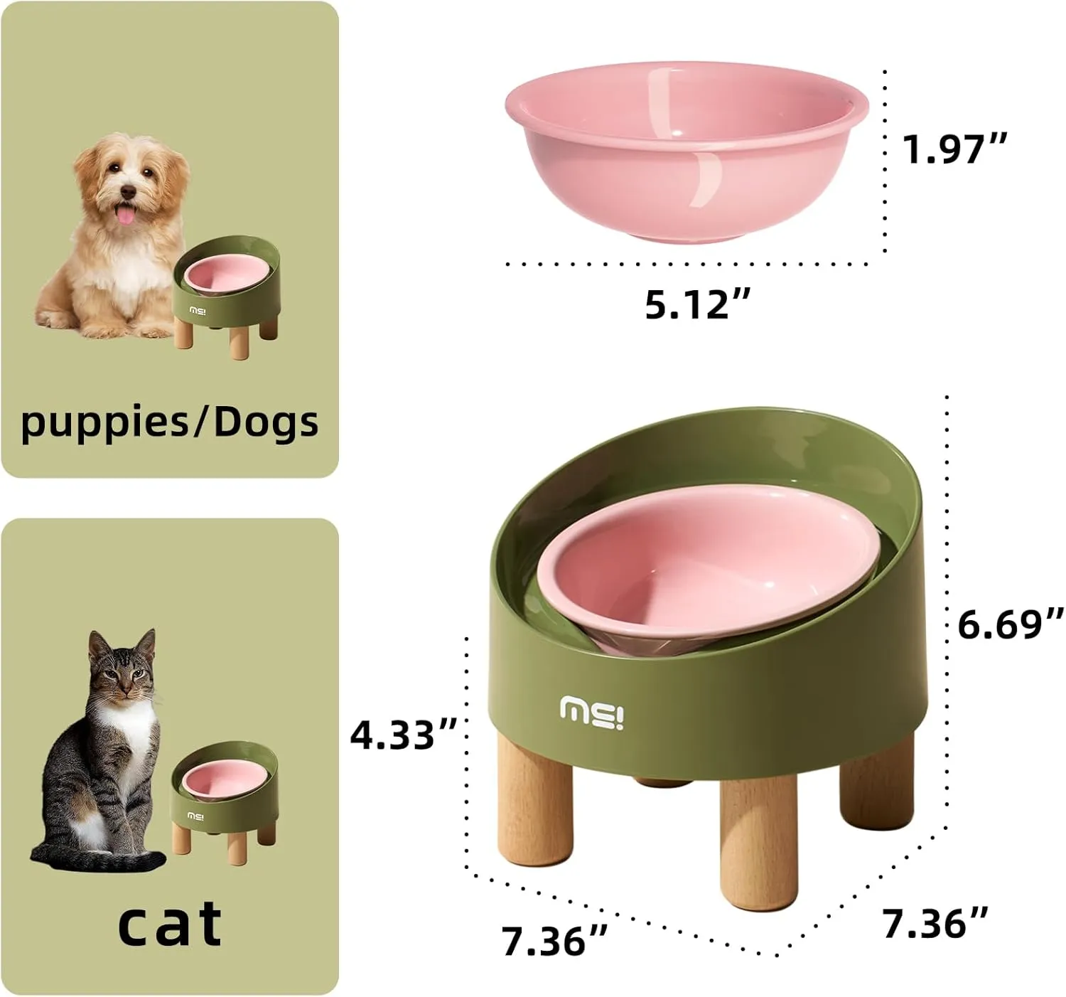 MS!MAKE SURE Ceramic Elevated Cat Bowls with Wooden Stand, Adjustable Raised Pet Bowls for Small Dogs & Cats, Anti - Slip Rubber Pad, Leak - Proof, Lead & Cadmium Free, Whisker - Friendly, Pink-Green
