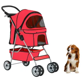 Pet Stroller, 4 Wheels Jogger Stroller Dog Cat Stroller, Folding Portable Travel Carrier Strolling Cart with Storage Basket Cup Holders for Medium Small Dogs Cats, Red