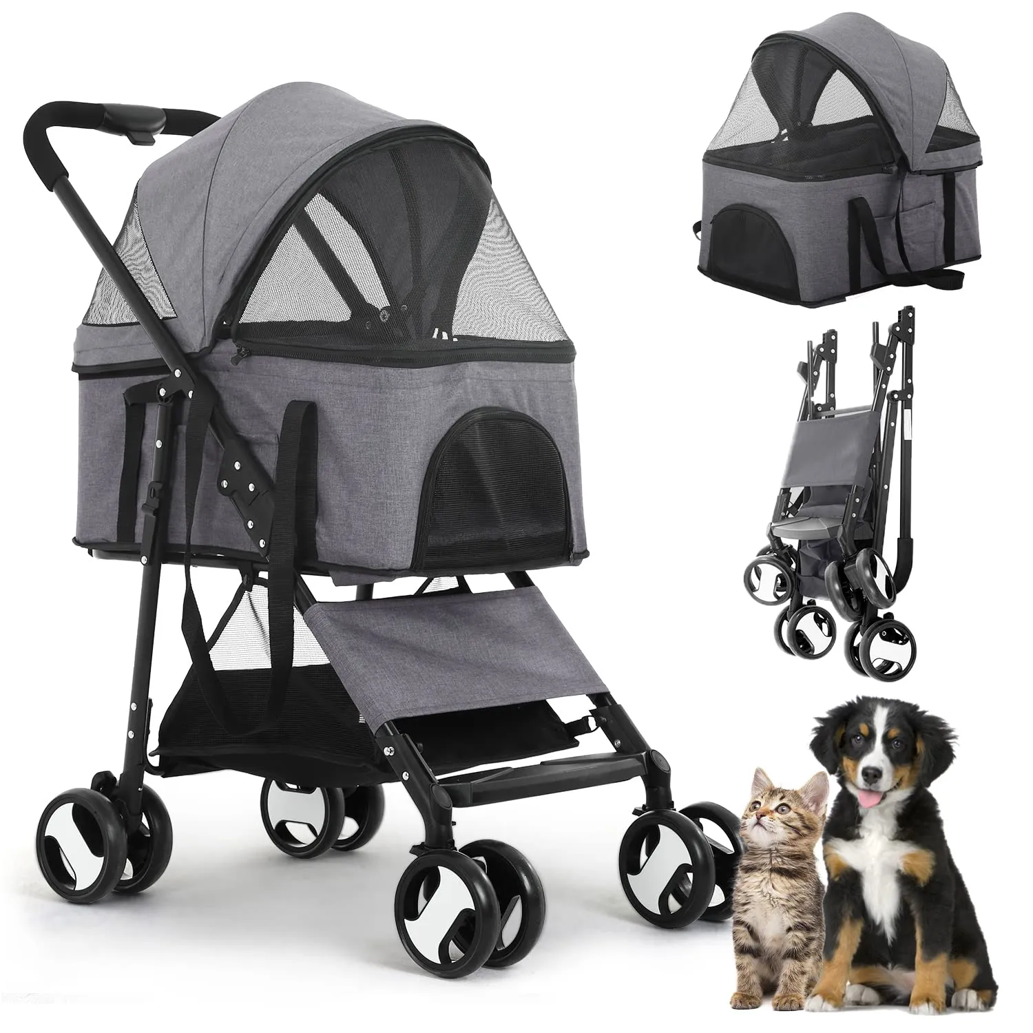 Pet Strollers, Dog Cat Stroller 3-in-1 Detachable Doggy Stroller for Small Medium Dogs 4 Wheel Dog Travel Cart Cat Walker Foldable Wagons for Dogs Trolley for Doggie Rabbit Puppy Strollers, Grey