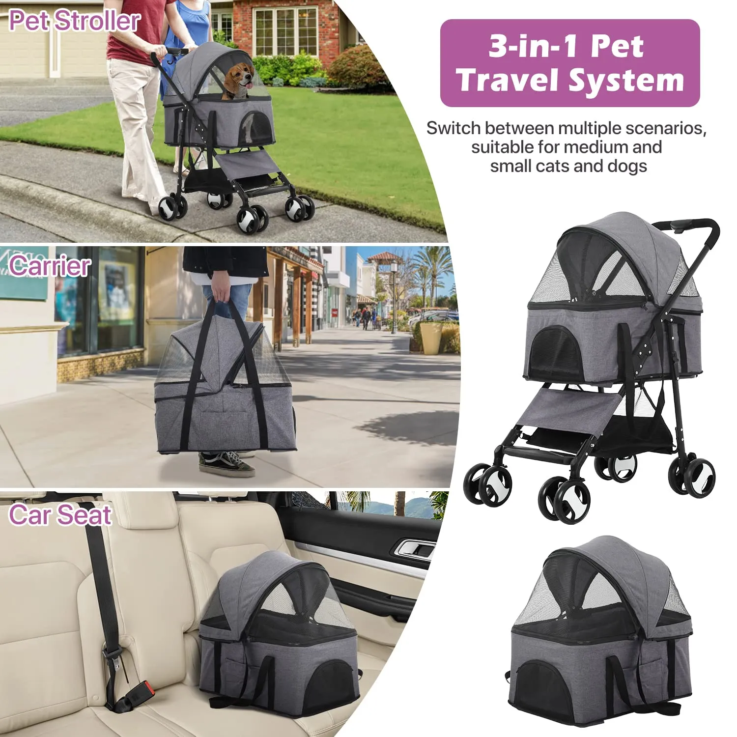 Pet Strollers, Dog Cat Stroller 3-in-1 Detachable Doggy Stroller for Small Medium Dogs 4 Wheel Dog Travel Cart Cat Walker Foldable Wagons for Dogs Trolley for Doggie Rabbit Puppy Strollers, Grey