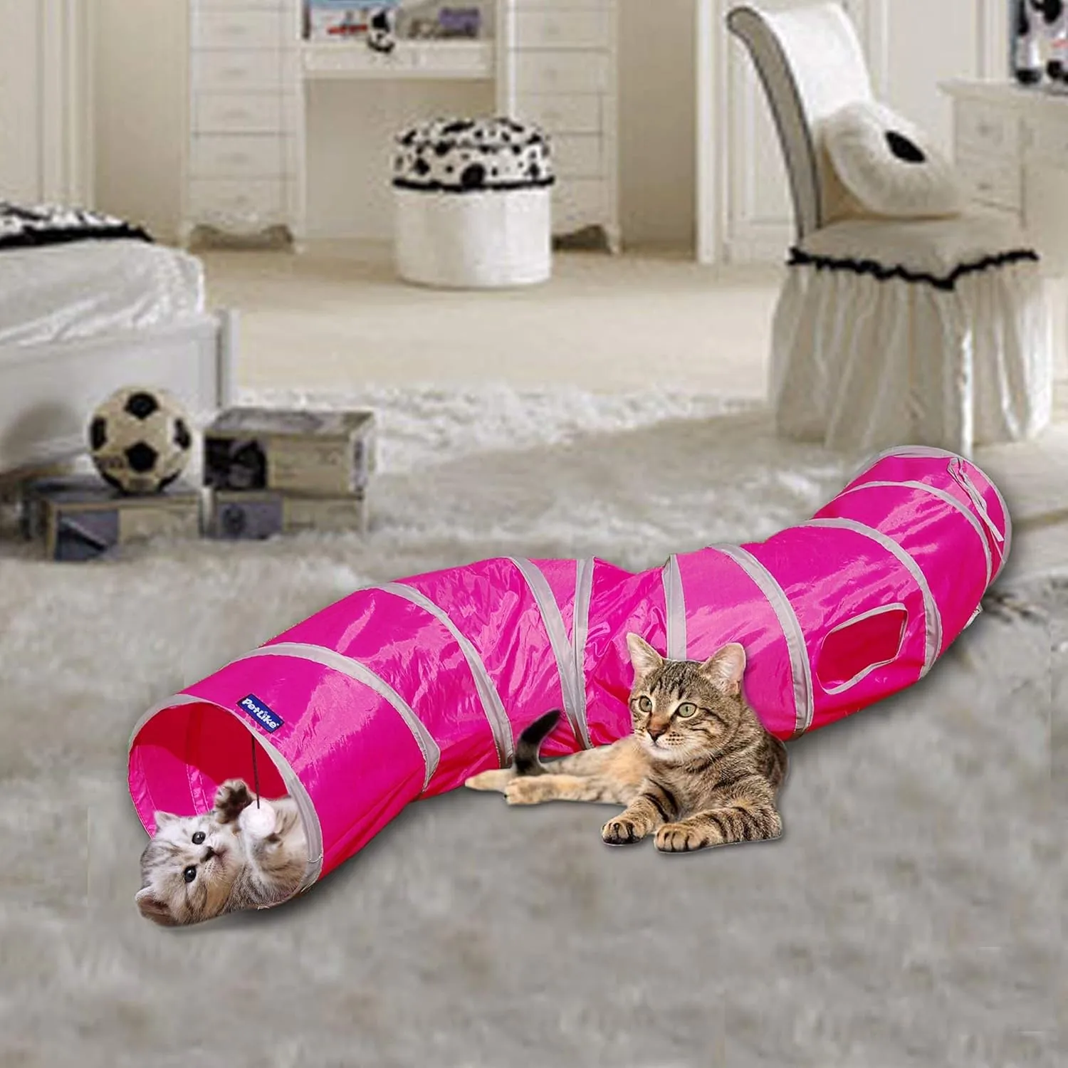 PetLike S Way Cat Tunnel Collapsible Pop-up Pet Tube Hideaway Play Toy with Ball (S-Way, Rose Red)