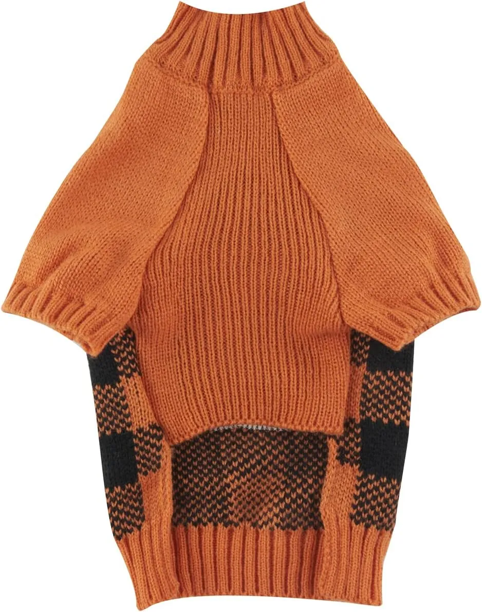 Plaid Orange Black Halloween Cat Sweater, Knitwear Pumpkin Puppy Sweater for Dog Cat, X-Small (XS) Size