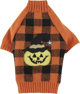 Plaid Orange Black Halloween Cat Sweater, Knitwear Pumpkin Puppy Sweater for Dog Cat, X-Small (XS) Size