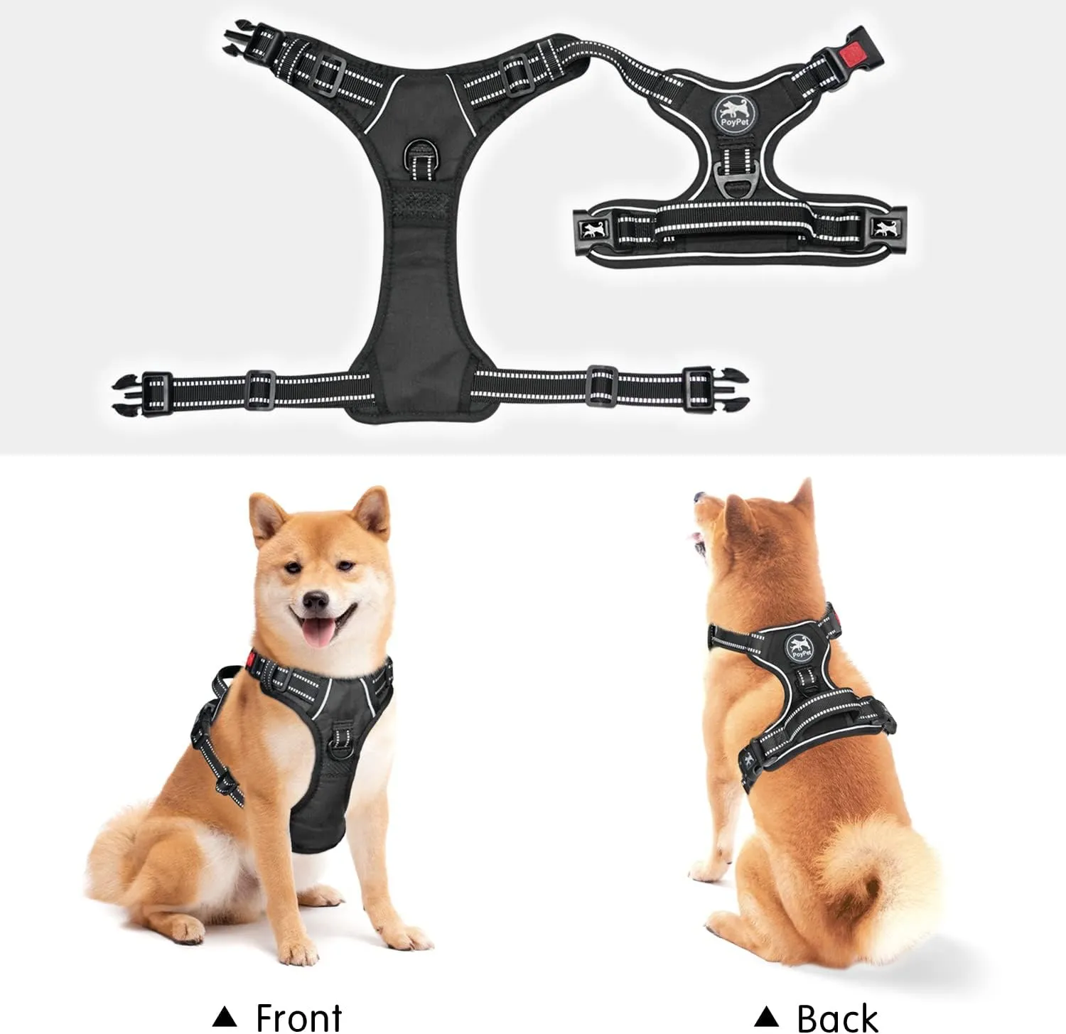 PoyPet No Pull Dog Harness, No Choke Front Clip Dog Reflective Harness, Adjustable Soft Padded Pet Vest with Easy Control Handle for Small to Large Dogs(Black,M)