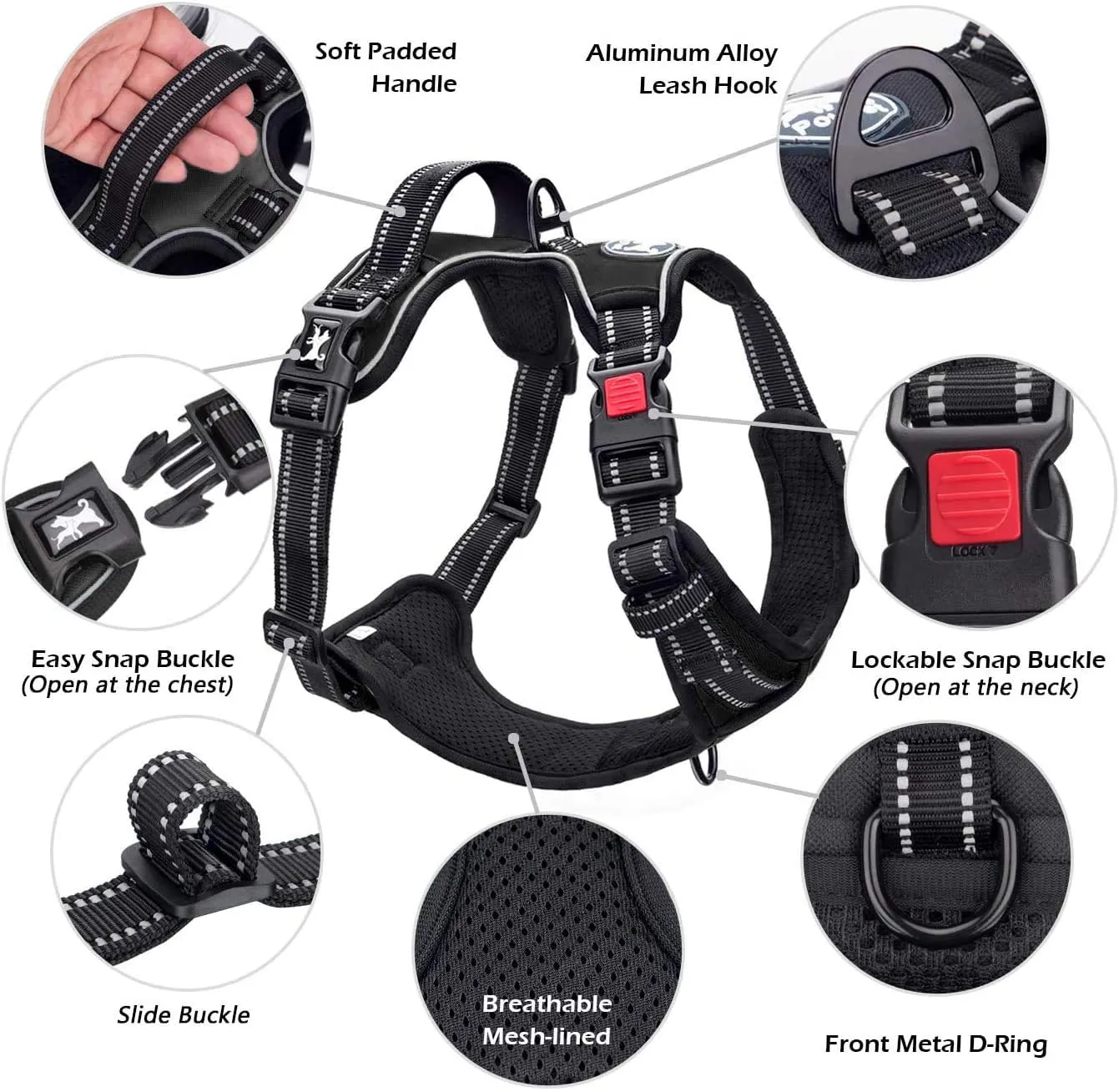 PoyPet No Pull Dog Harness, No Choke Front Clip Dog Reflective Harness, Adjustable Soft Padded Pet Vest with Easy Control Handle for Small to Large Dogs(Black,M)