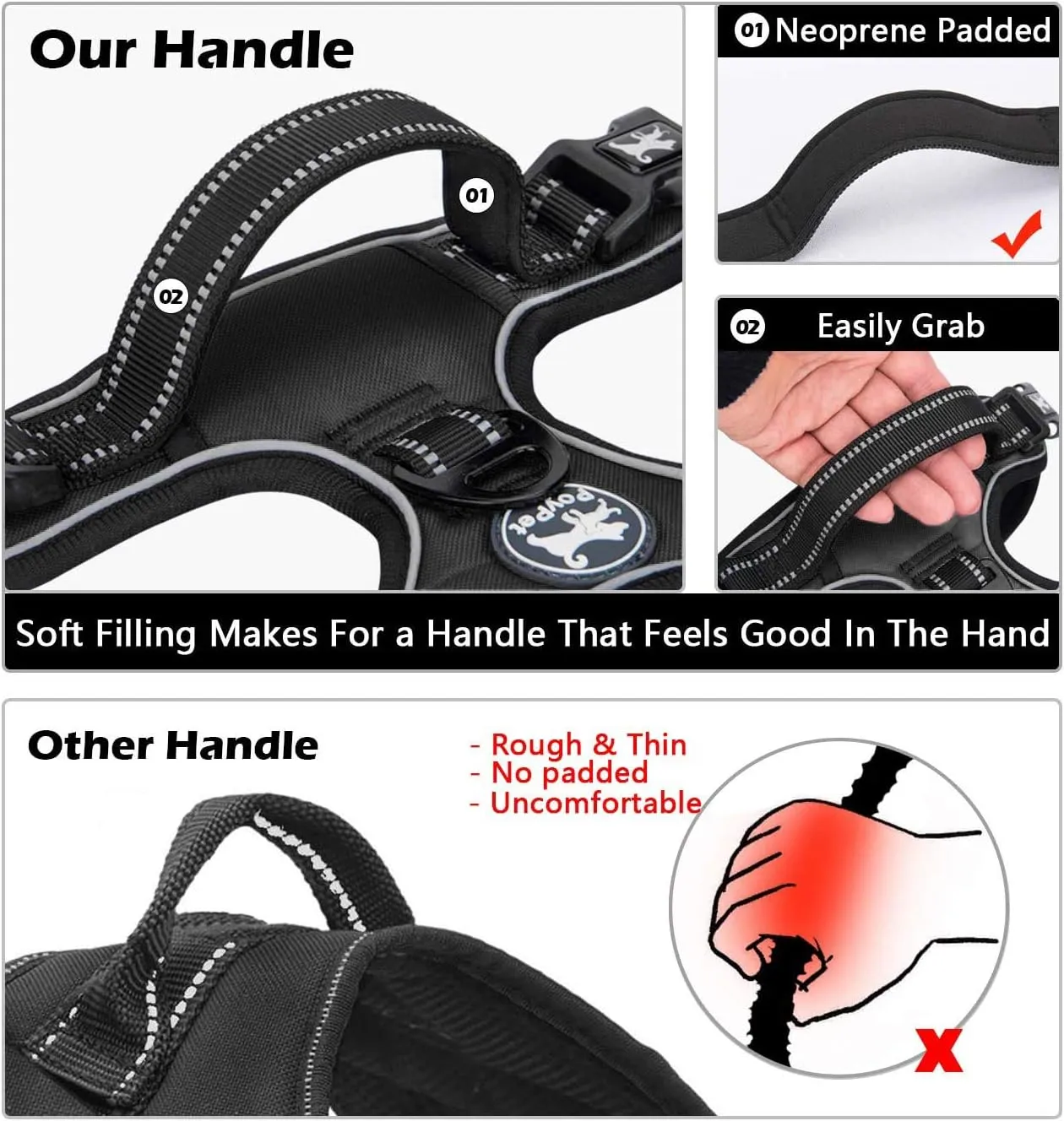 PoyPet No Pull Dog Harness, No Choke Front Clip Dog Reflective Harness, Adjustable Soft Padded Pet Vest with Easy Control Handle for Small to Large Dogs(Black,M)