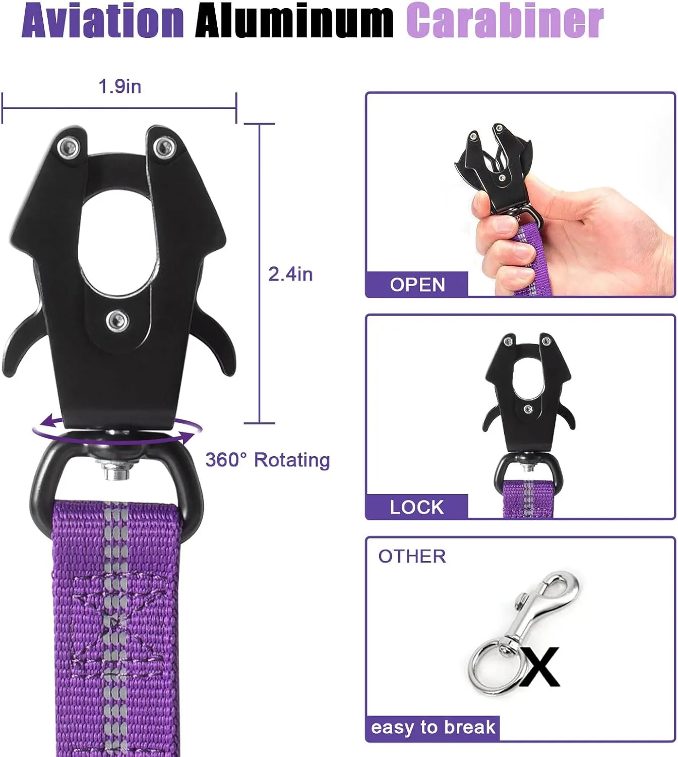 Raipult Shock Absorbing Tactical Dog Leash, 4-6FT Heavy Duty Bungee Leash, Anti-Pull Elastic Training Lead with Car Seatbelt & 2 Handles for Medium Large Dogs,Purple