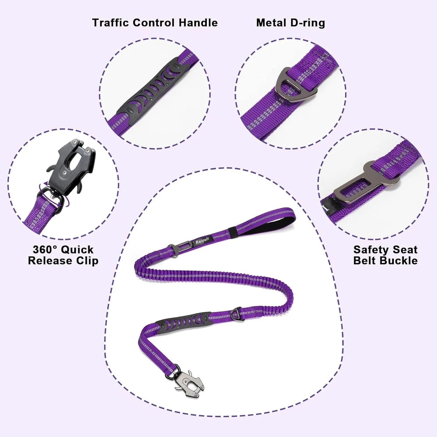 Raipult Shock Absorbing Tactical Dog Leash, 4-6FT Heavy Duty Bungee Leash, Anti-Pull Elastic Training Lead with Car Seatbelt & 2 Handles for Medium Large Dogs,Purple