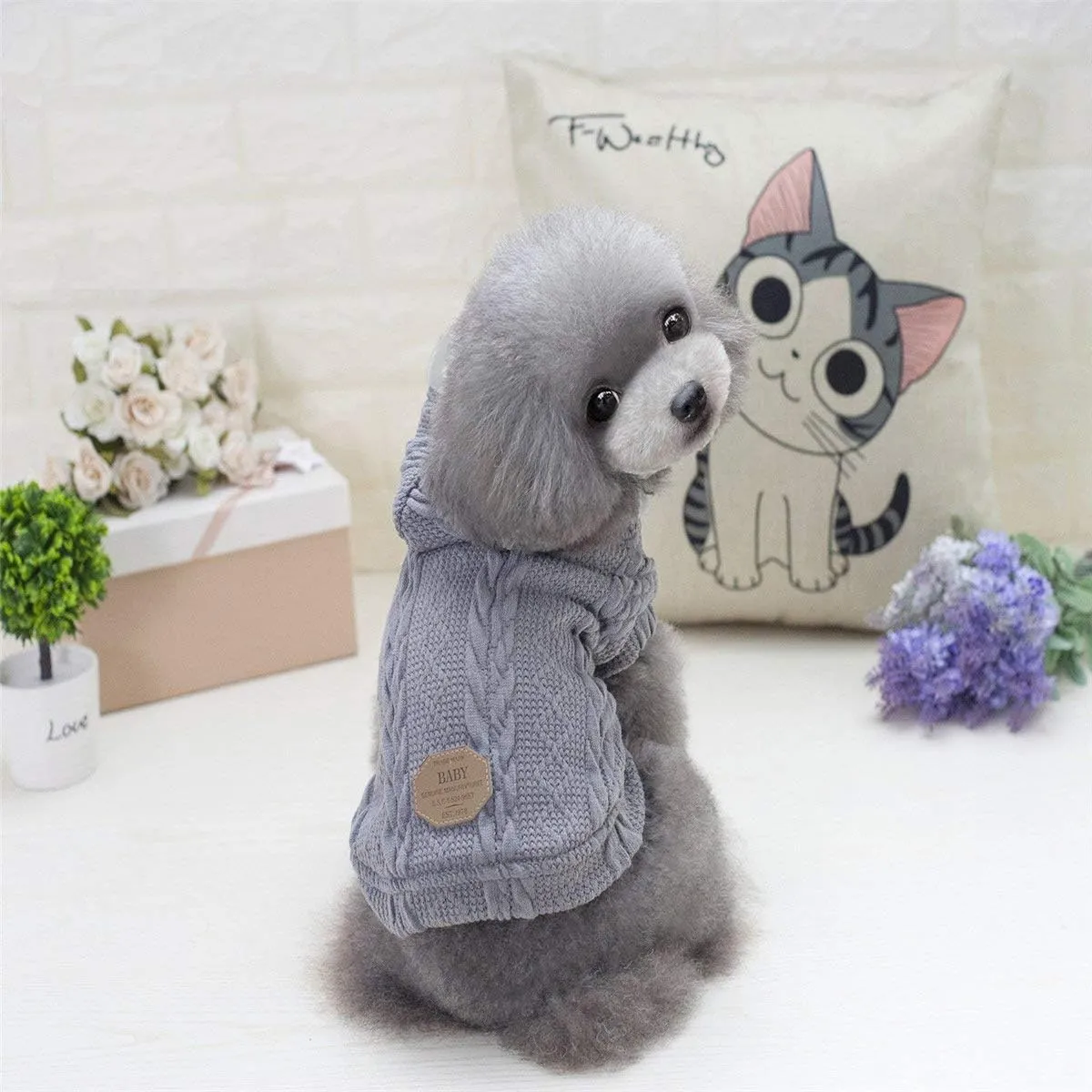 Rdc Pet Clothes Dog & Cat Woolen Sweater with Cap - Winter Warm Turtleneck Fleece Coat (L, Classic-Grey)