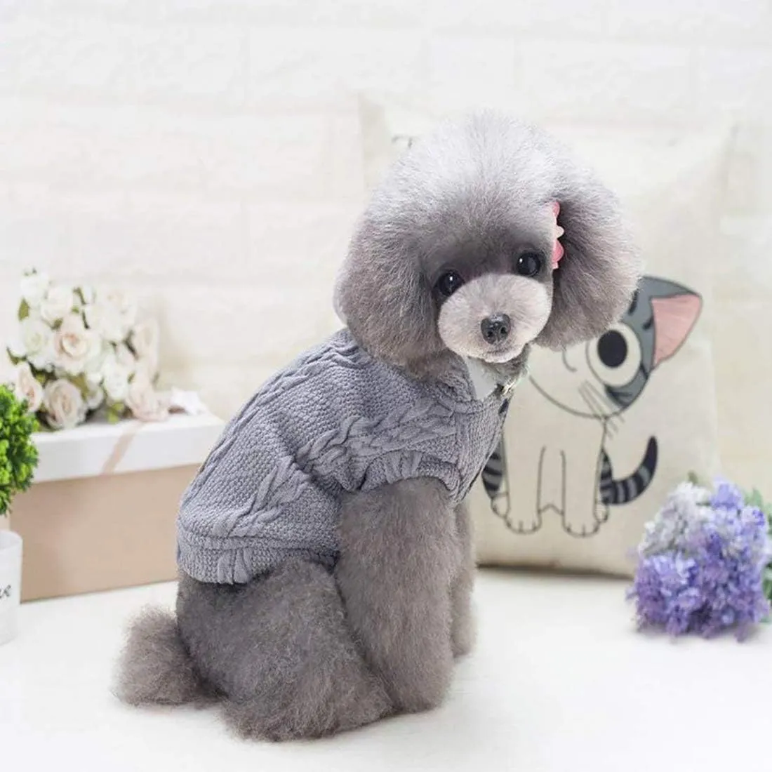 Rdc Pet Clothes Dog & Cat Woolen Sweater with Cap - Winter Warm Turtleneck Fleece Coat (L, Classic-Grey)