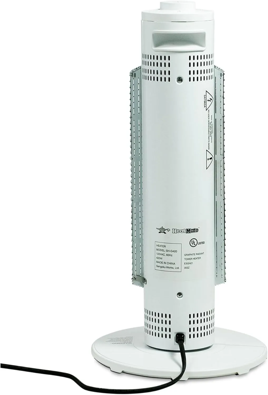 Sengoku HeatMate Portable Instant Heat Graphite Medium Tower Electric Heater for Small Areas in Homes, Offices, and Workshops, White
