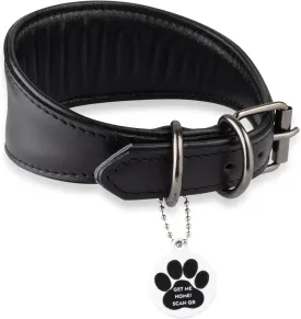 Sighthound Leather Dog Collar with ID Tag QR - Recommended for Whippet, Italian Greyhound, Saluki, Borzoi, Lurcher, Spanish Galgo - Black, Soft Leather, Sensitive Neck (L)