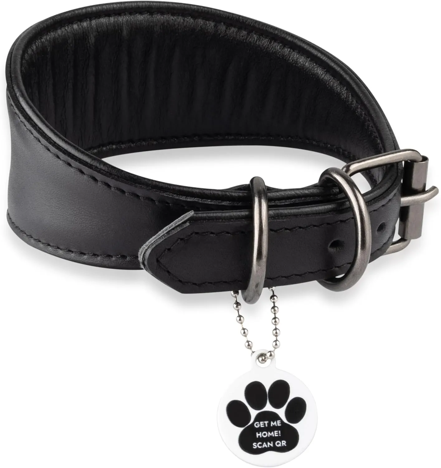Sighthound Leather Dog Collar with ID Tag QR - Recommended for Whippet, Italian Greyhound, Saluki, Borzoi, Lurcher, Spanish Galgo - Black, Soft Leather, Sensitive Neck (L)