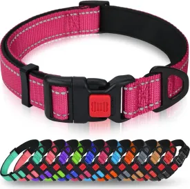 Taglory Reflective Dog Collar with Safety Locking Buckle, Adjustable Nylon Pet Collars for Large Dogs Female Male, Hot Pink, L