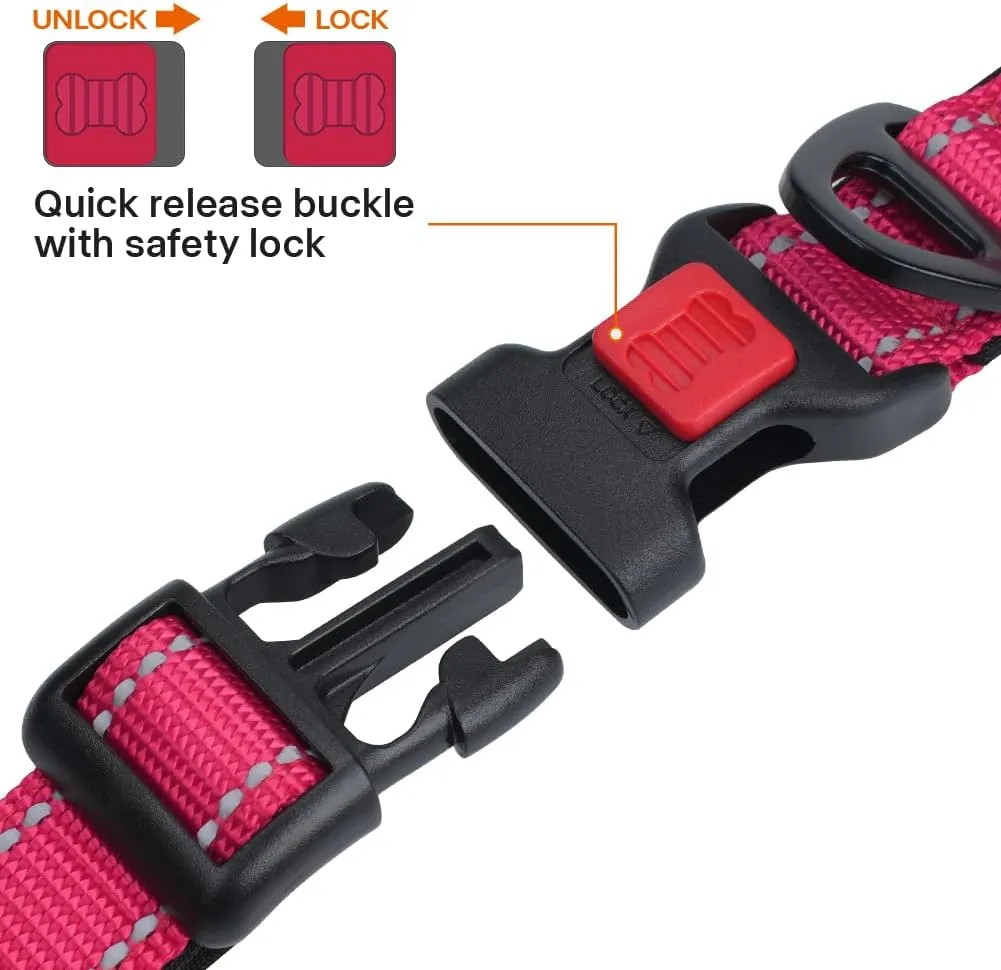 Taglory Reflective Dog Collar with Safety Locking Buckle, Adjustable Nylon Pet Collars for Large Dogs Female Male, Hot Pink, L