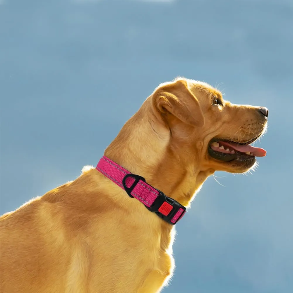 Taglory Reflective Dog Collar with Safety Locking Buckle, Adjustable Nylon Pet Collars for Large Dogs Female Male, Hot Pink, L