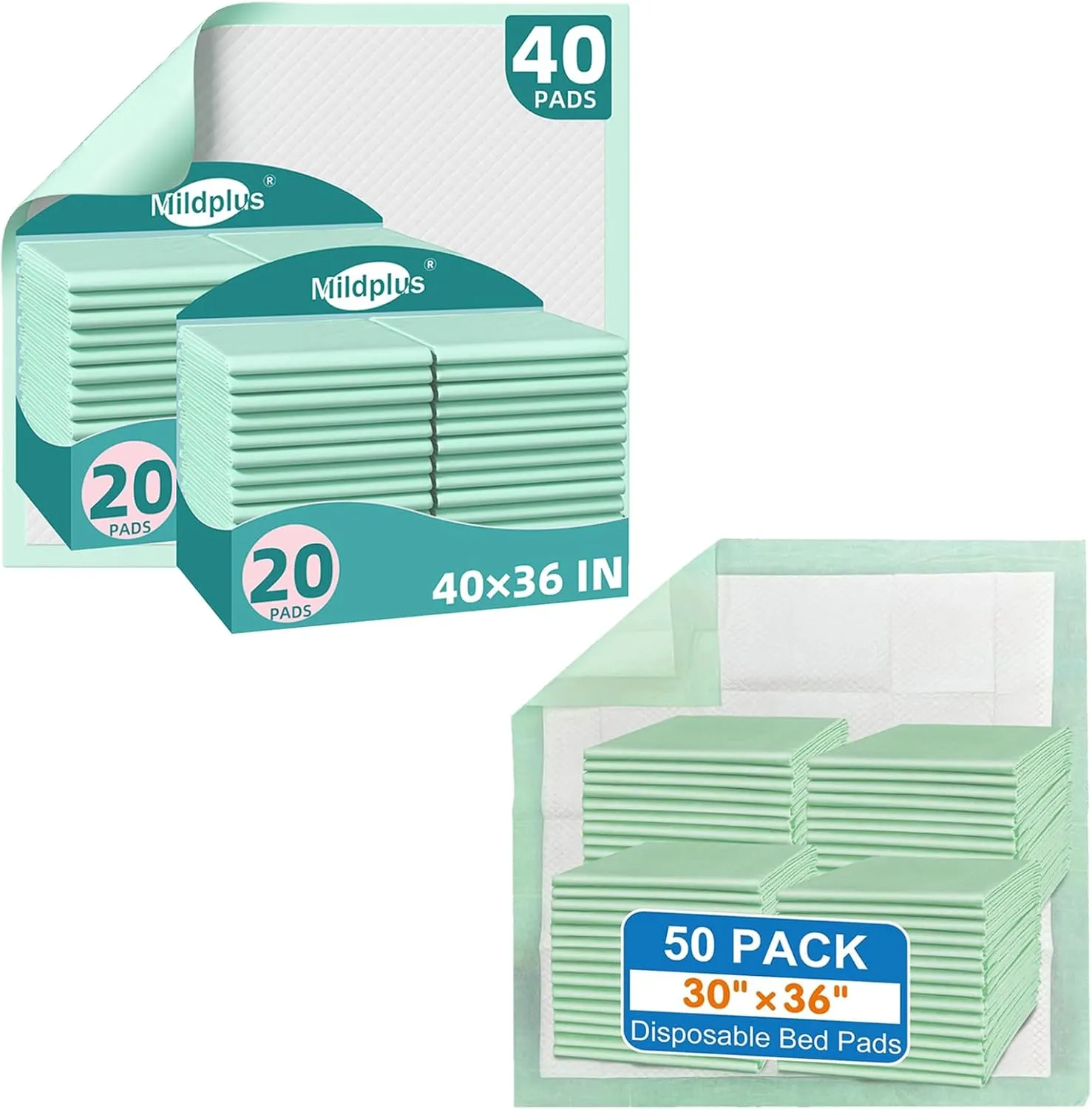 Total 90 Pads-Disposable Bed Pads 30"X36" (50pcs) and 40"X36" (40pcs) Extra Large Pee Pads for Incontinence Heavy Duty Super Absorbent Underpads Waterproof Chucks Pads for Adults,Elderly or Pets.