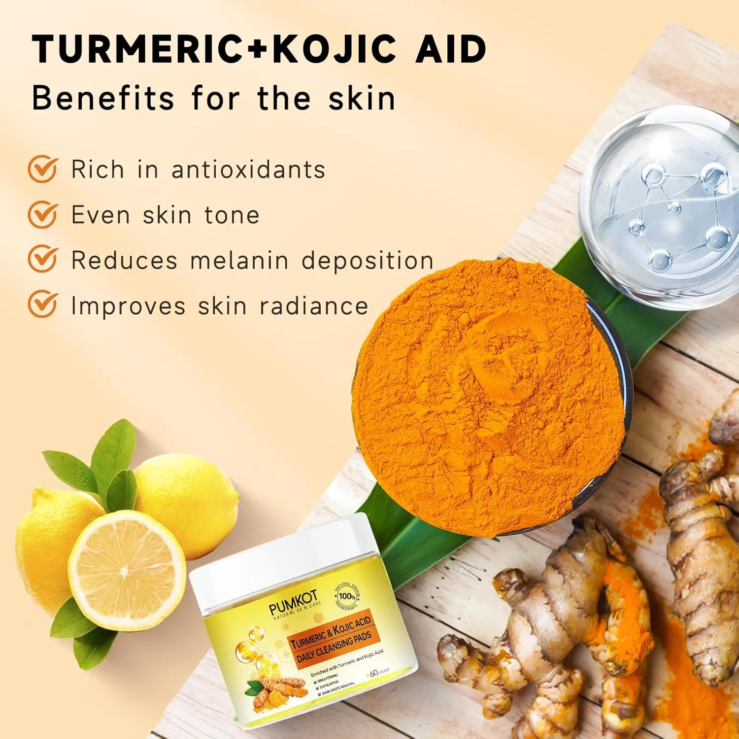 Turmeric Kojic Acid Cleansing Pads, Turmeric Face Scrub Pads Enriched with Kojic Acid and Turmeric, 60PCS