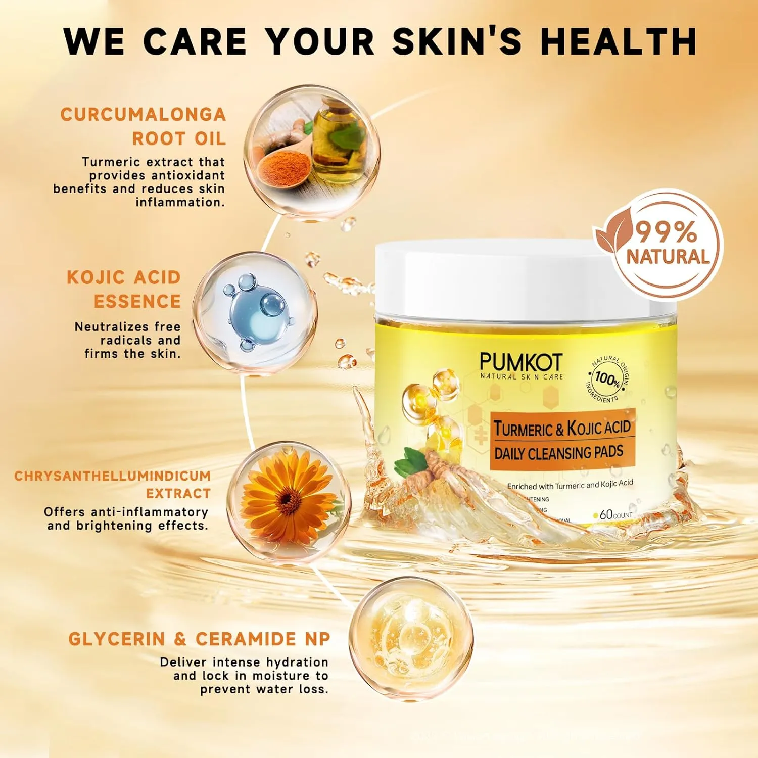 Turmeric Kojic Acid Cleansing Pads, Turmeric Face Scrub Pads Enriched with Kojic Acid and Turmeric, 60PCS