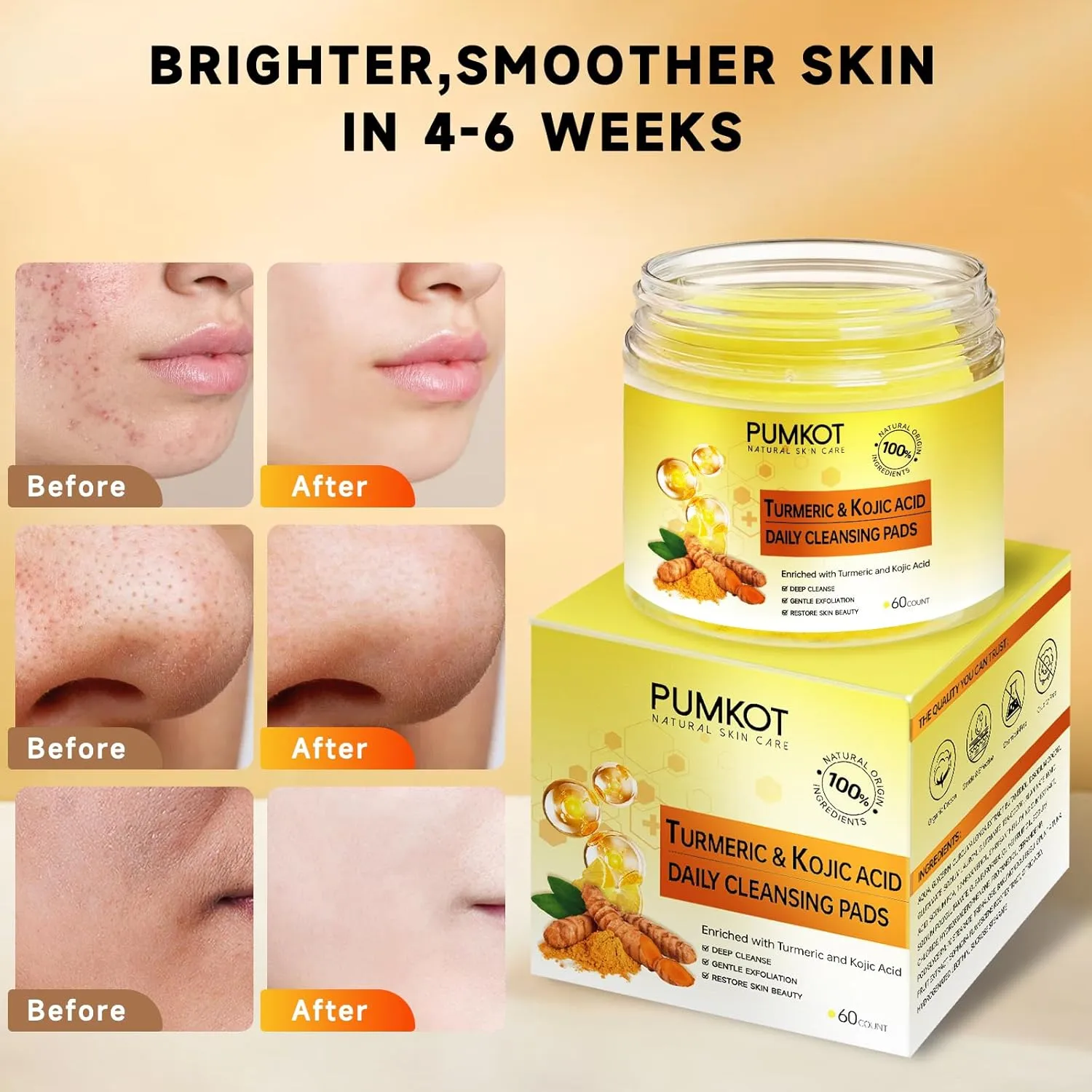 Turmeric Kojic Acid Cleansing Pads, Turmeric Face Scrub Pads Enriched with Kojic Acid and Turmeric, 60PCS
