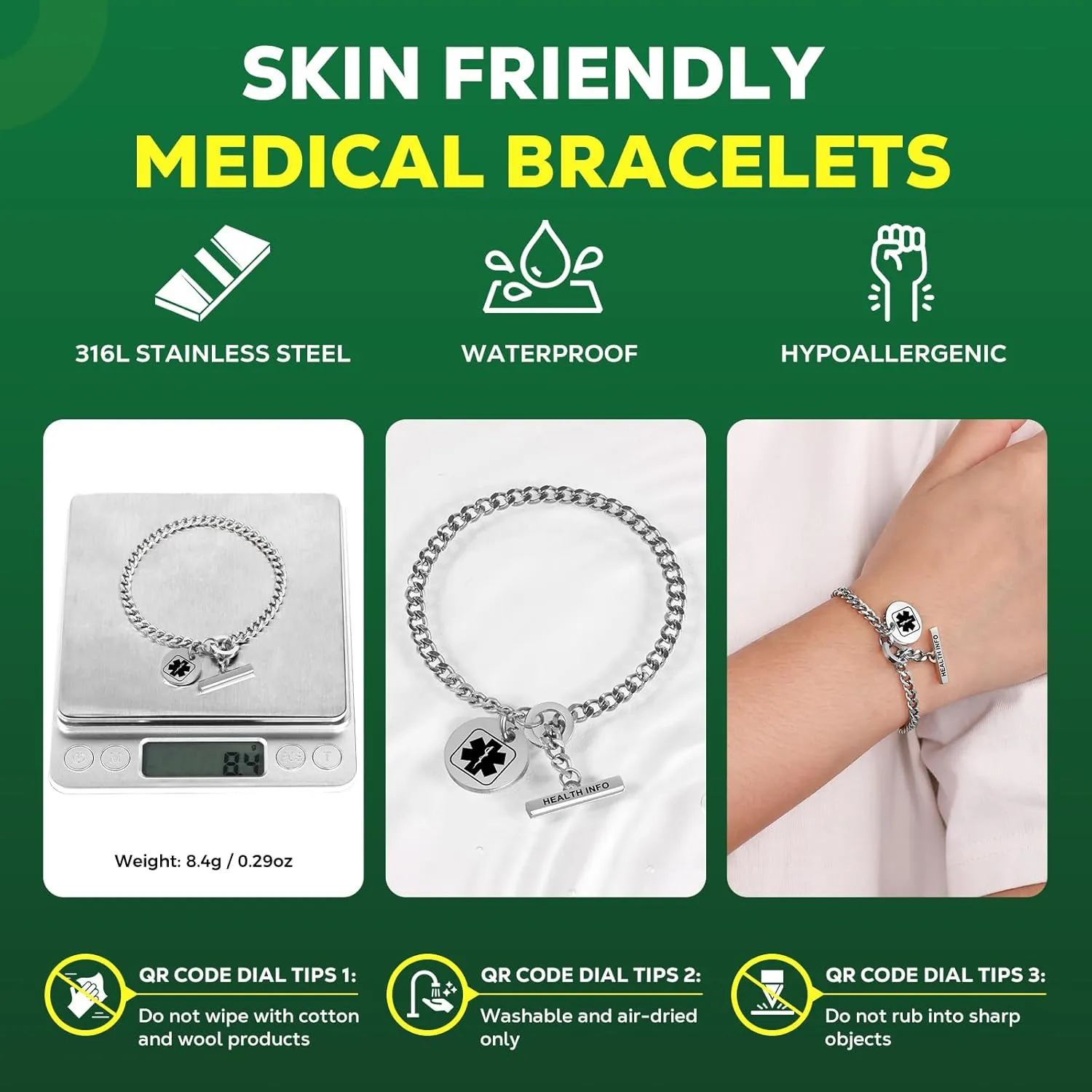 Upgraded QR Code Medical ID Bracelets for Women Medical Alert Bracelet - Sterling Silver 7'' ~9'' Chain Link - More Space Save & Change Emergency Med Info