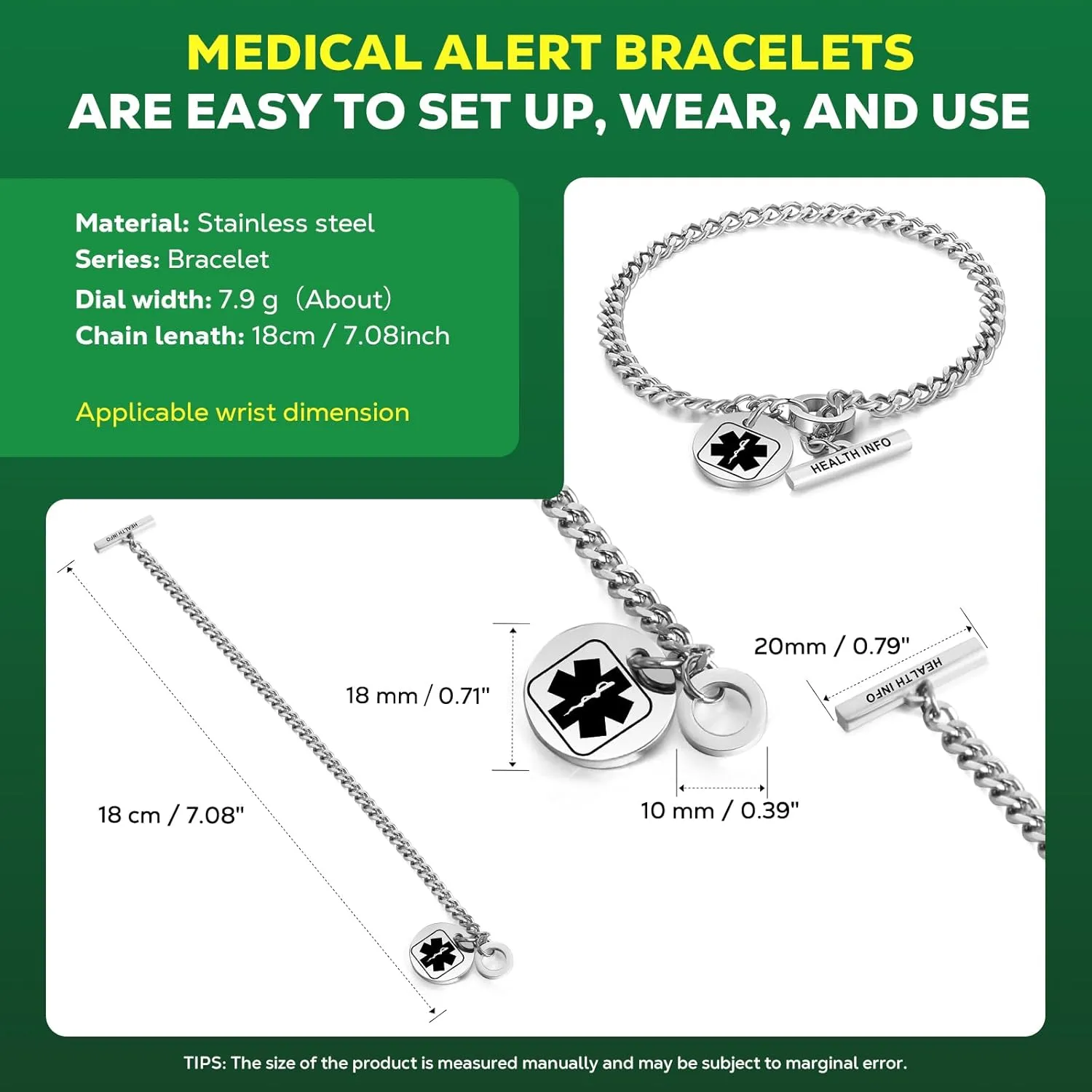 Upgraded QR Code Medical ID Bracelets for Women Medical Alert Bracelet - Sterling Silver 7'' ~9'' Chain Link - More Space Save & Change Emergency Med Info