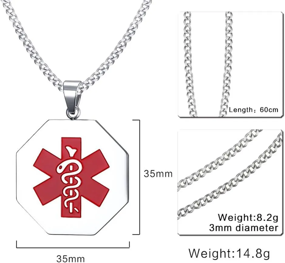 VNOX Personalized Custom Engraving Stainless Steel Emergency Medical Alert ID Dog Tag Pendant Necklace for Men Women